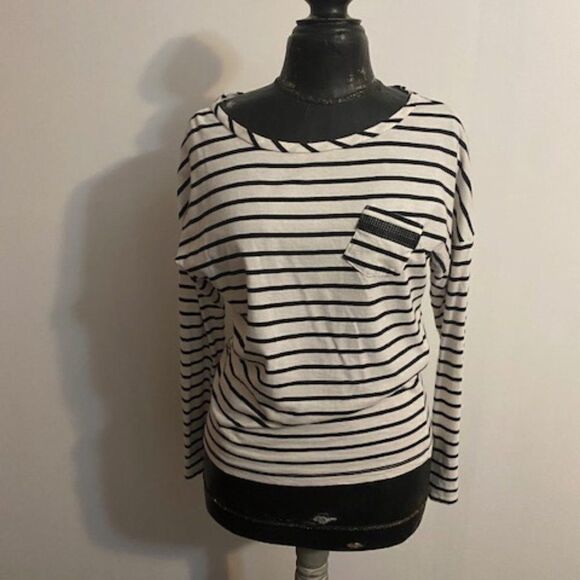 Loft Navy/White stripe long sleeve with Sequin pocket T-shirt, size M - Picture 1 of 3
